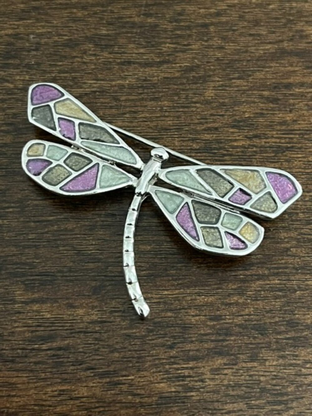 Dragonfly Brooch Enameled Mosaic Silver Tone Colorful